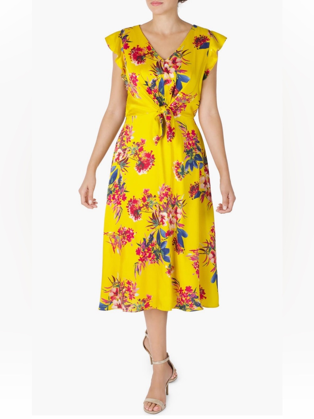 Julia Jordan Yellow Floral Flutter Sleeve Tie Front Midi Dress Garden Wedding 6